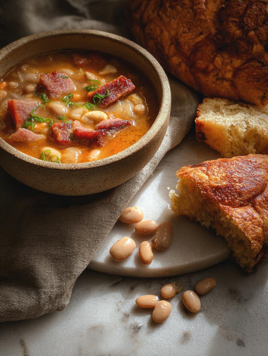 Deliciosa Sopa Jamon Frijoles servida en un tazón rústico, con pan crujiente al lado