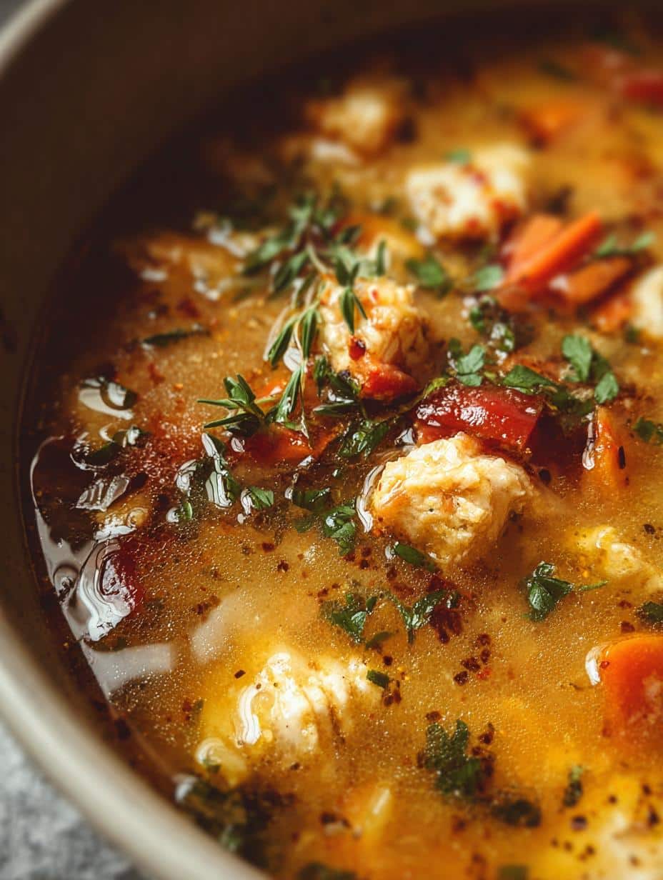 Deliciosa Sopa Pollo Casate Conmigo humeante en un tazón rústico, con pan crujiente al lado, perfecta para el frío