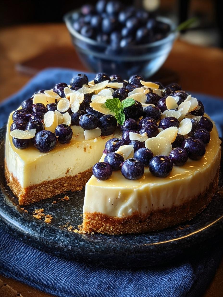Deliciosa porción de Tarta de Queso con Arándanos, mostrando su interior cremoso y fruta fresca