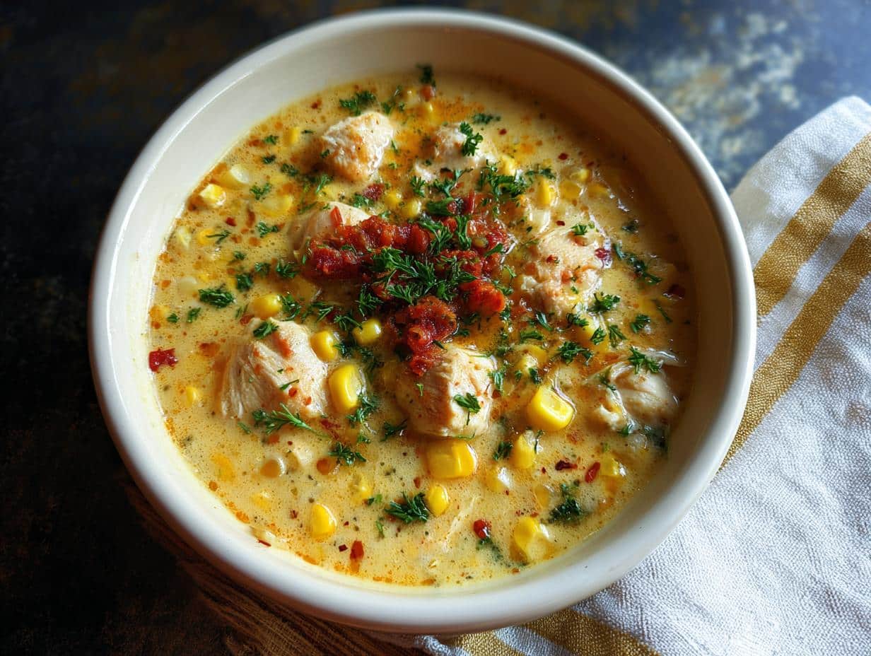 Última Receta Sopa Maíz: Amor Profundo - Plato servido de sopa de maíz