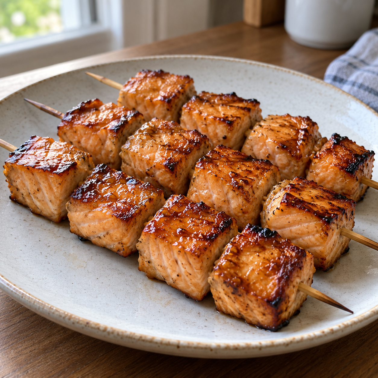 Brochetas de salmón con miel y mostaza