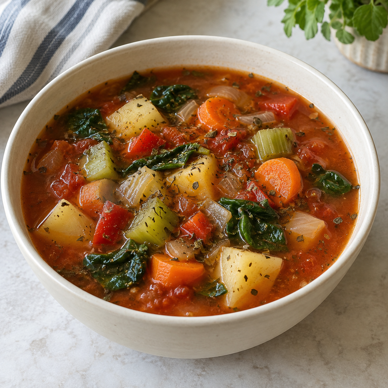 Sopa de verduras con patata y espinacas según los ingredientes de la ficha.