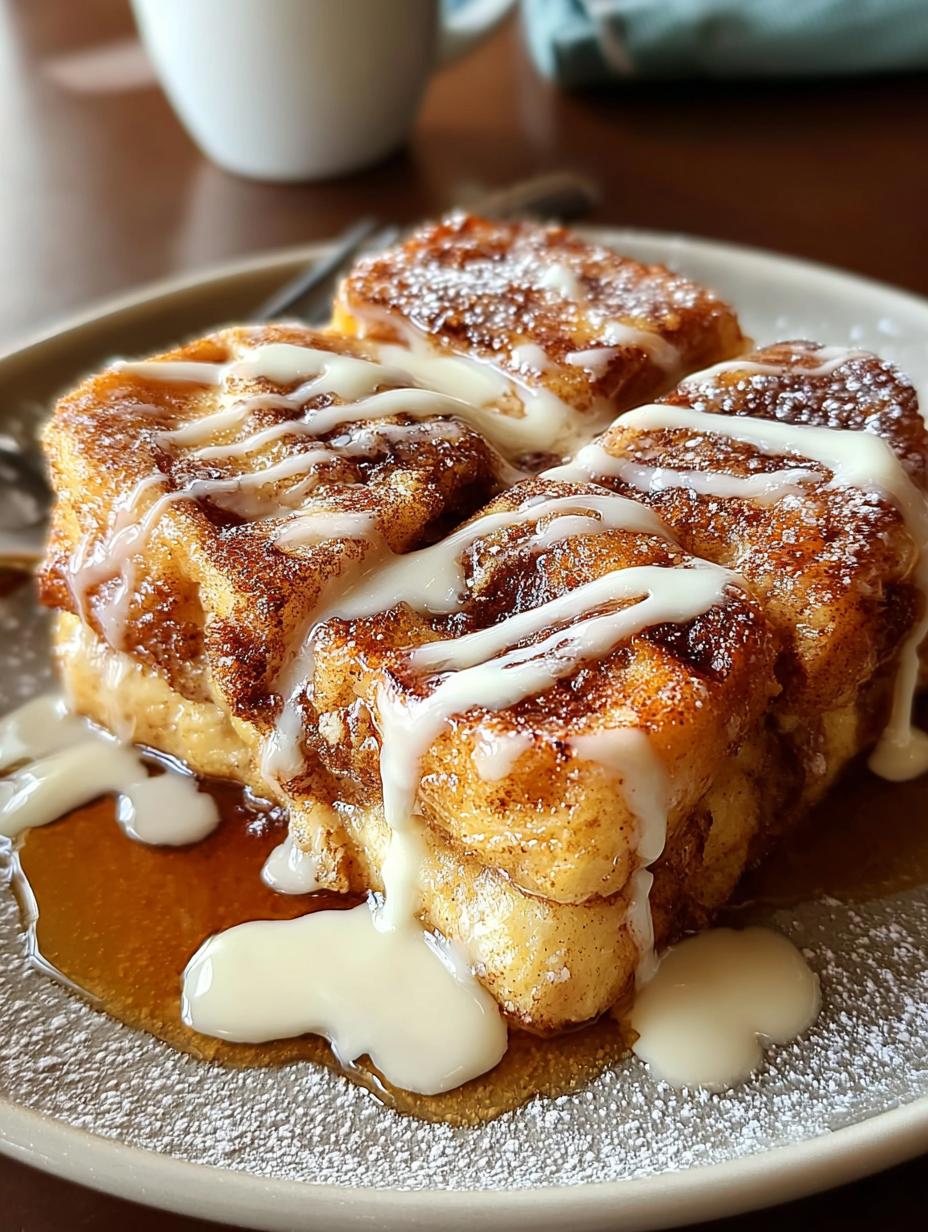 Cinnamon Roll French Toast en una fuente para hornear, lista para servir con sirope de arce