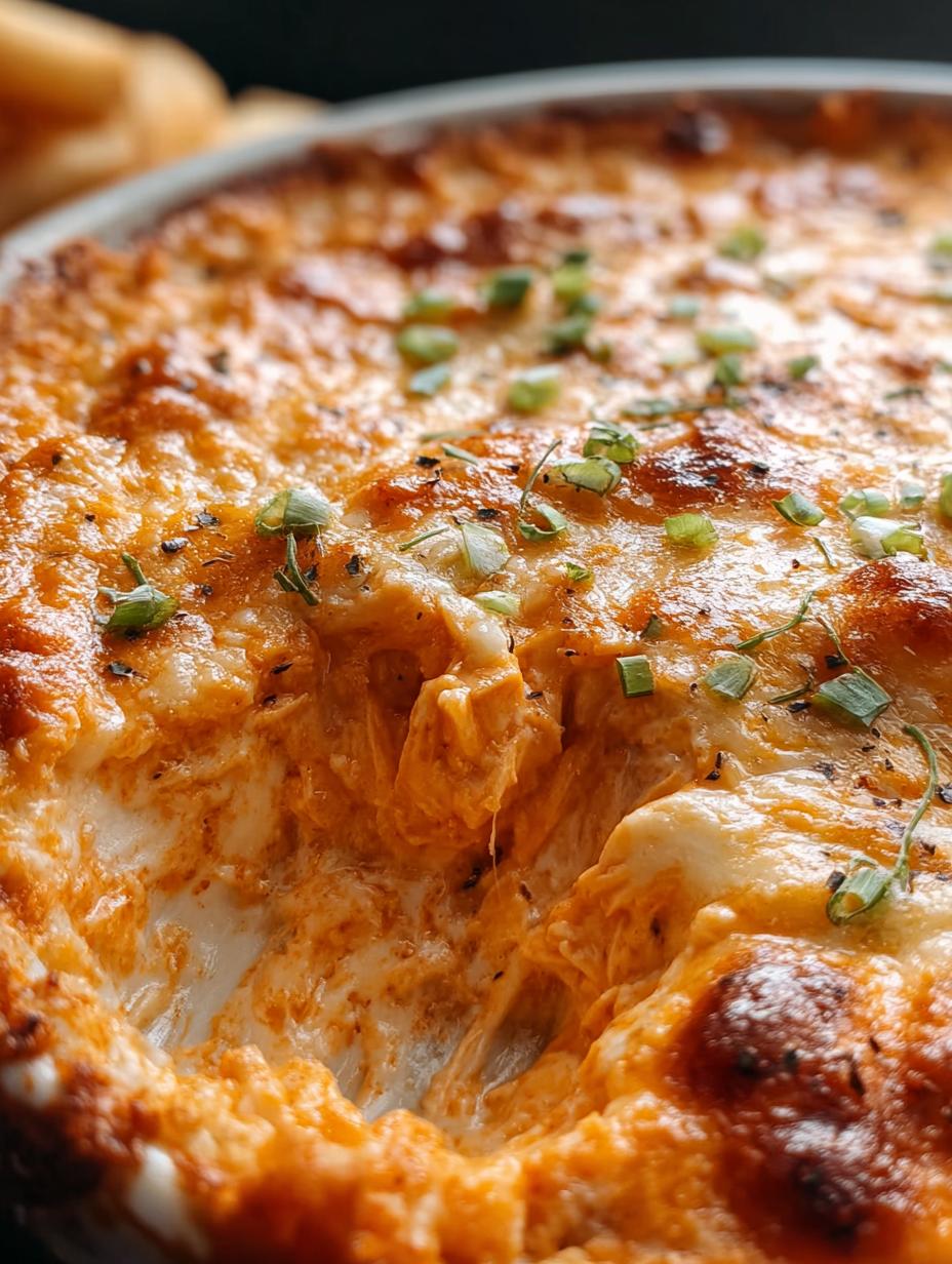 Irresistible Creamy Buffalo Chicken Dip recién horneado y burbujeante en un plato blanco, listo para servir con apio y zanahorias