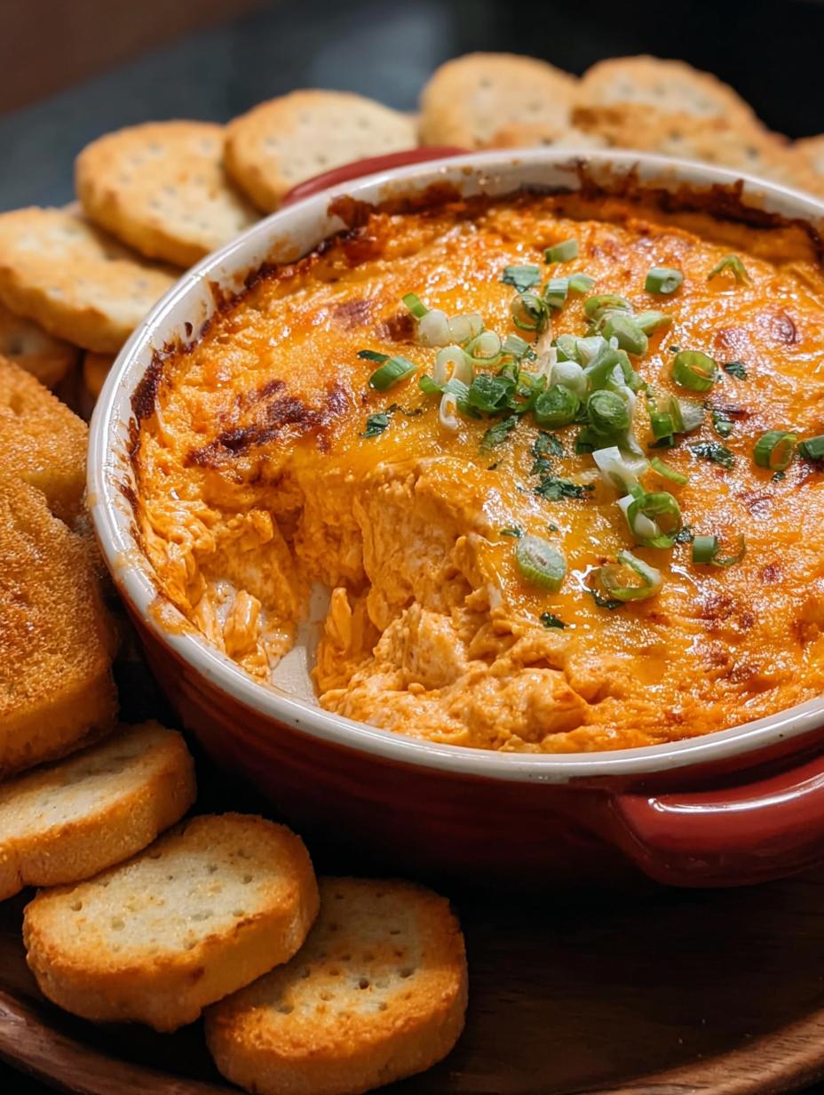 Delicioso Creamy Buffalo Chicken Dip servido en un tazón de cerámica con totopos crujientes y bastones de apio fresco