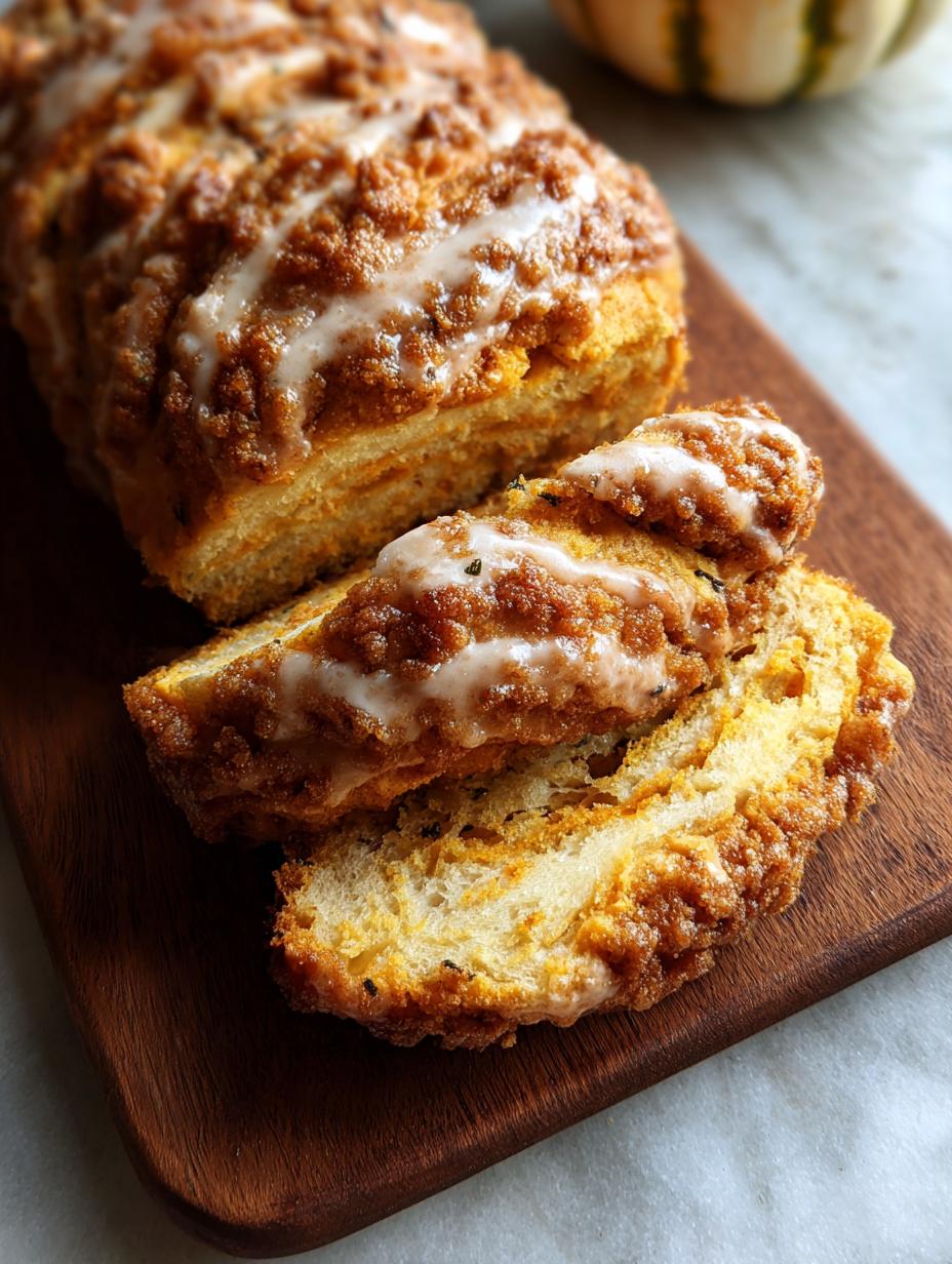 Delicioso Pan Streusel Calabaza recién horneado con glaseado, perfecto para el otoño