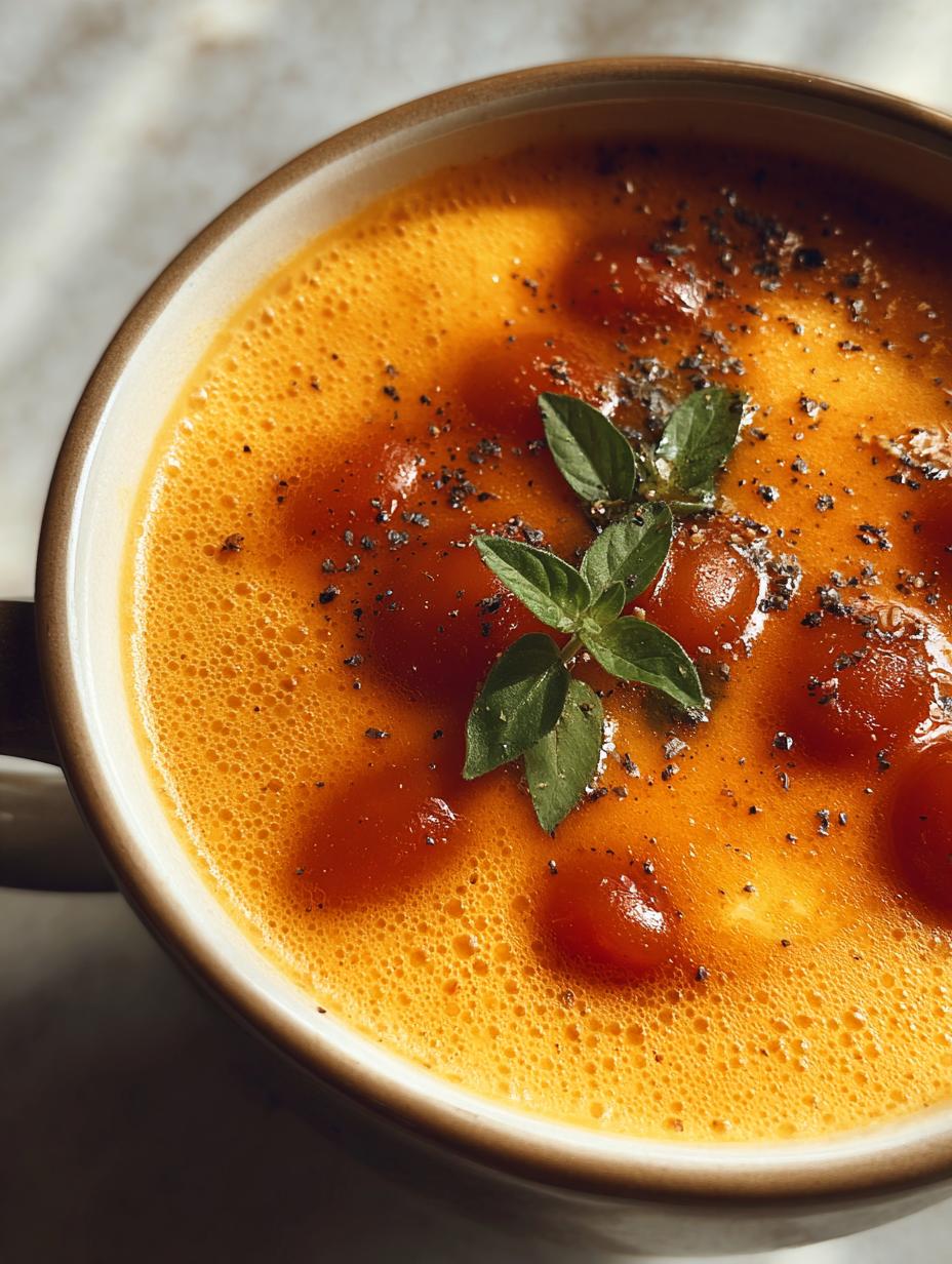 Irresistible Receta Fácil Sopa Cremosa de tomate y albahaca en un tazón blanco con crutones