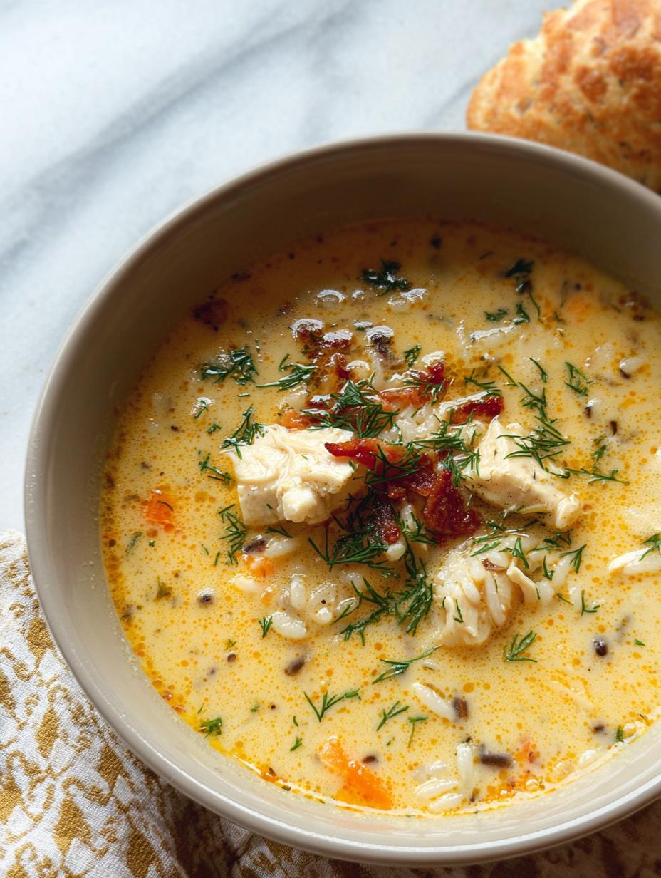 Deliciosa Sopa Cremosa Pollo Arroz con hierbas frescas, lista para servir en un tazón rústico.