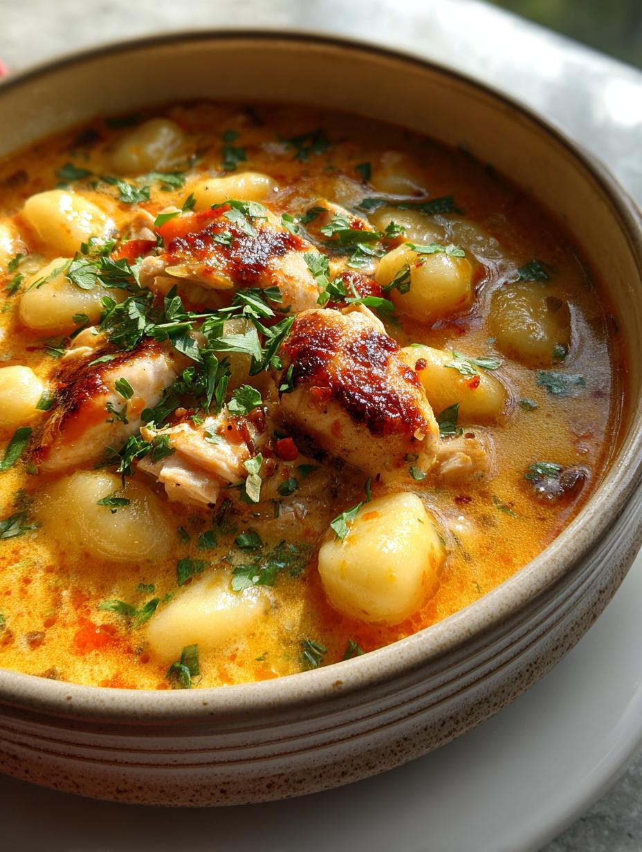 Deliciosa Sopa Fácil Ñoquis Con pollo rostizado y vegetales frescos, lista para servir en un tazón blanco.