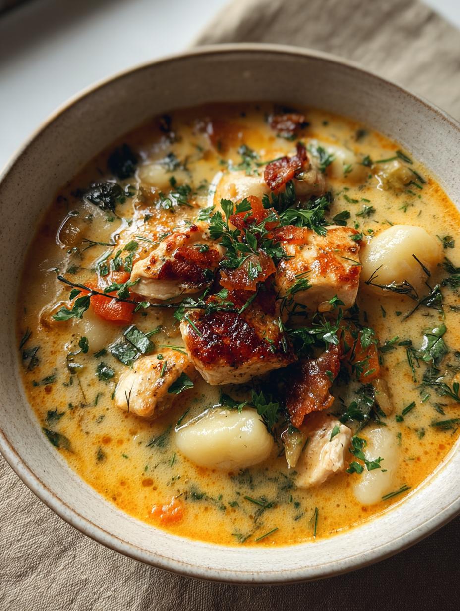 Sopa Fácil Ñoquis Con pollo rostizado y hierbas frescas en un tazón, lista para disfrutar.
