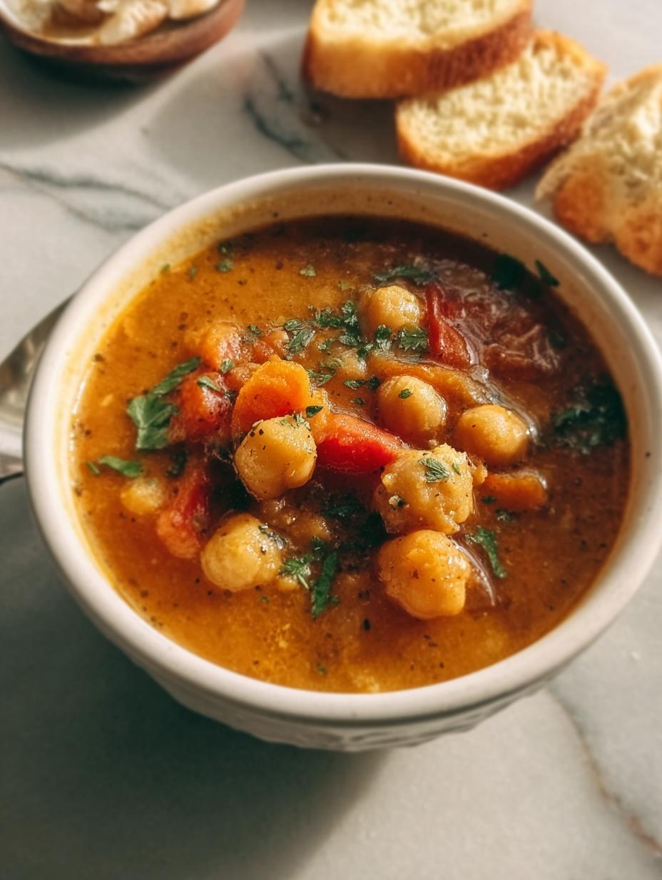 Sopa Garbanzos Toscana: 1 Secreto Suculento 98 Primer plano de Sopa Garbanzos Toscana con queso parmesano y albahaca fresca