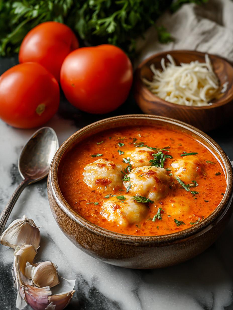Sopa Tomate Con Dumplings: 1 secreto para un sabor Único - Sopa Tomate Con Dumplings - plato de sopa de tomate con dumplings de queso y hierbas frescas