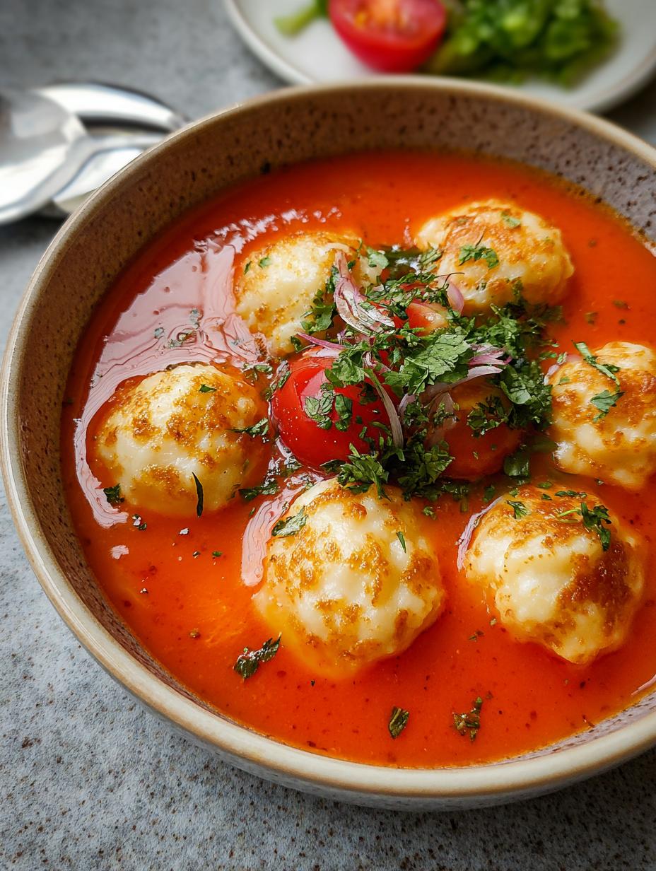 Sopa Tomate Con Dumplings: 1 secreto para un sabor Único - Sopa Tomate Con Dumplings - vista de cerca de los dumplings en la sopa