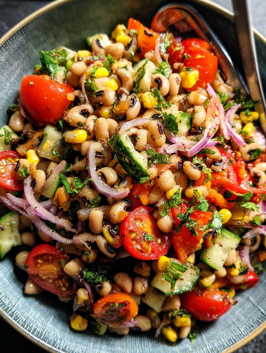 Zesty Black Eyed Pea fresca y colorida, lista para servir en un tazón de madera