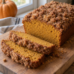 Pan de calabaza con cobertura de canela según los ingredientes de la ficha.