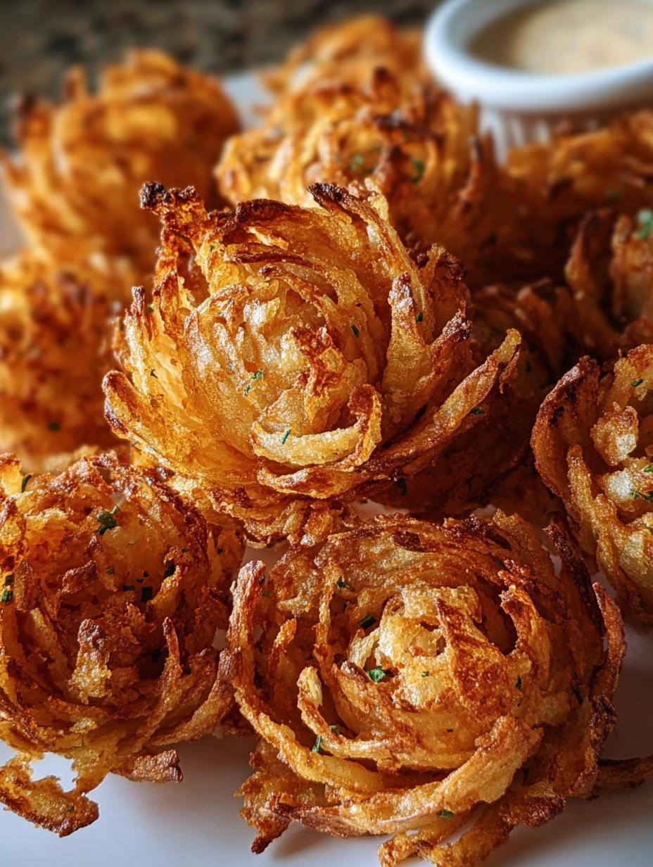 Cebollas Mini Flor Crujientes doradas y perfectamente cocidas en una freidora de aire, listas para servir