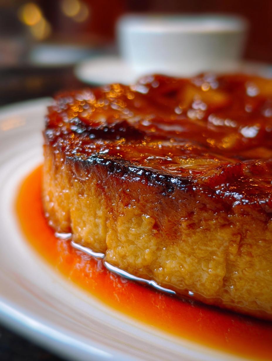 Delicioso Flan Manzana Caramelizada recién horneado con manzanas caramelizadas y salsa de caramelo brillante