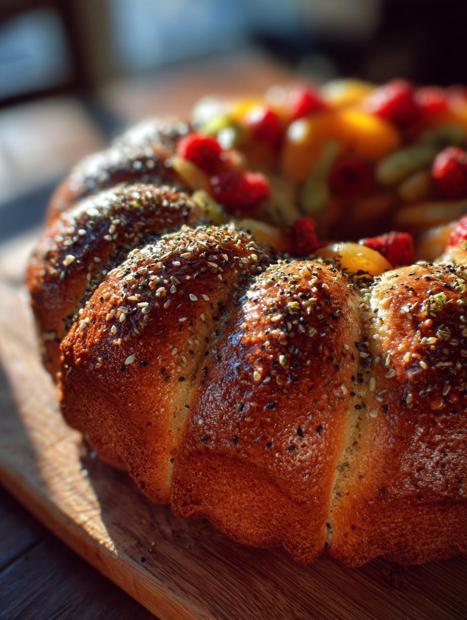 Delicioso Pan Forma Anillo: ¡1 Receta Mágica y Sorprendente! 113 Delicioso Pan Forma Anillo: ¡1 Receta Mágica y Sorprendente! - Delicioso Pan Forma Anillo - un pan dulce en forma de anillo con glaseado y frutas confitadas sobre una tabla de madera