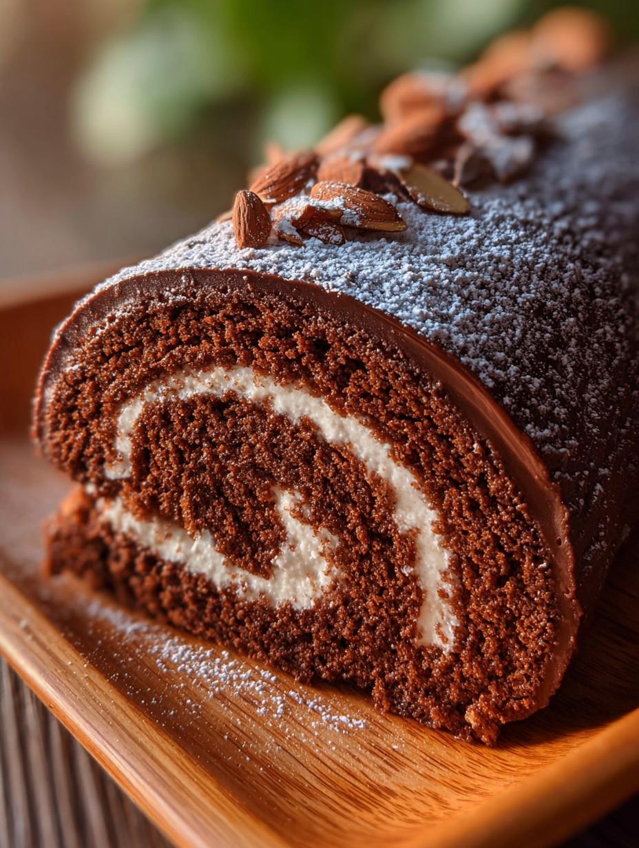 Delicioso Swiss Roll Chocolate recién preparado, cortado en rebanadas perfectas, mostrando el bizcocho esponjoso y el cremoso relleno, listo para servir.