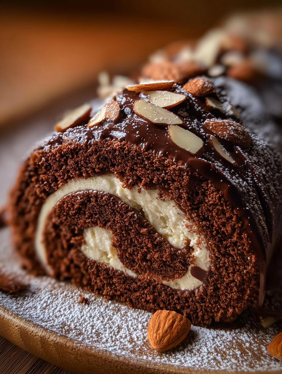 Delicioso Swiss Roll Chocolate en una bandeja de madera, espolvoreado con azúcar glas y decorado con frambuesas frescas, listo para ser cortado.