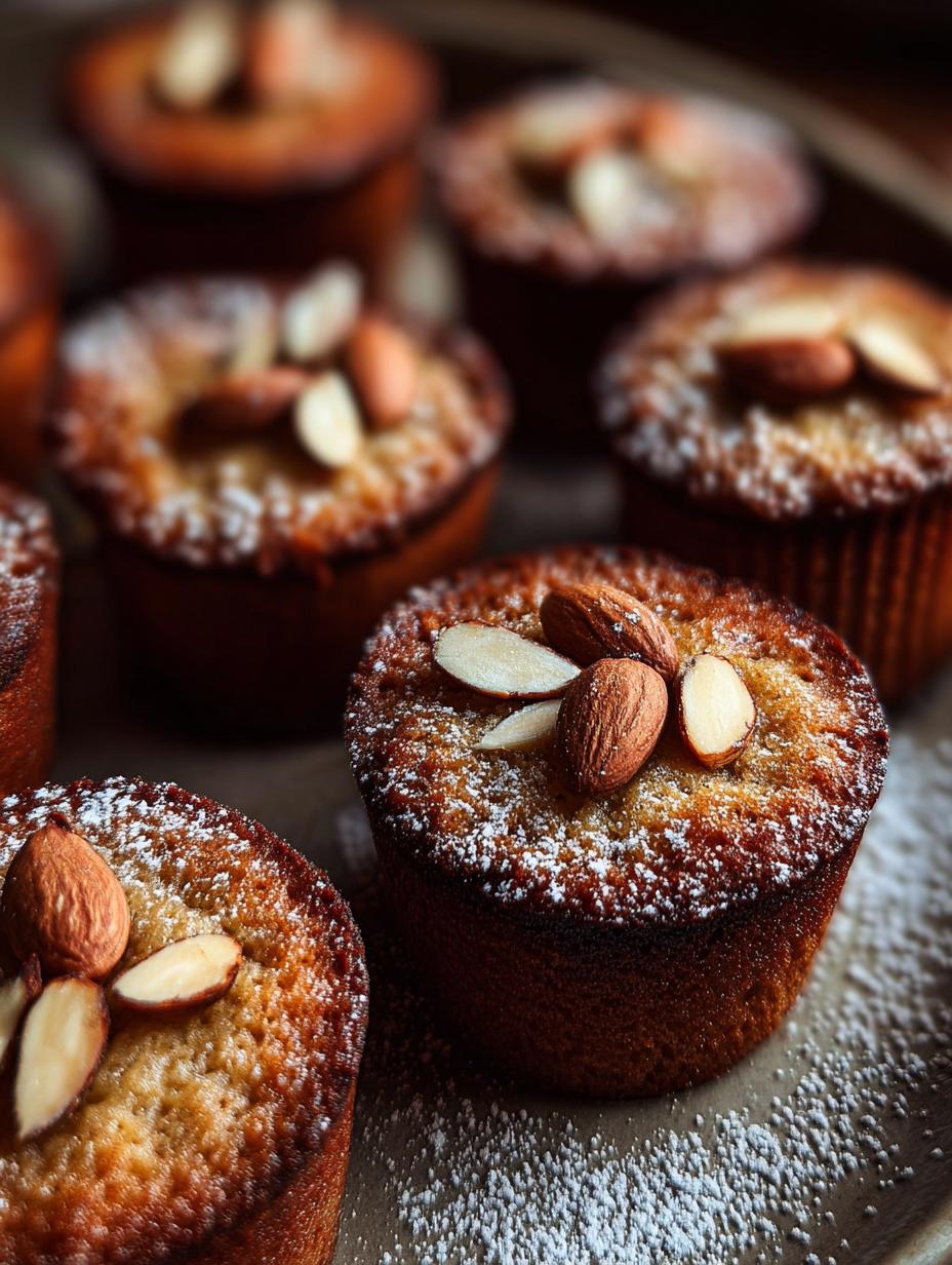 Deliciosos Financiers Almendra Mantequilla apilados y espolvoreados con azúcar glas, listos para servir