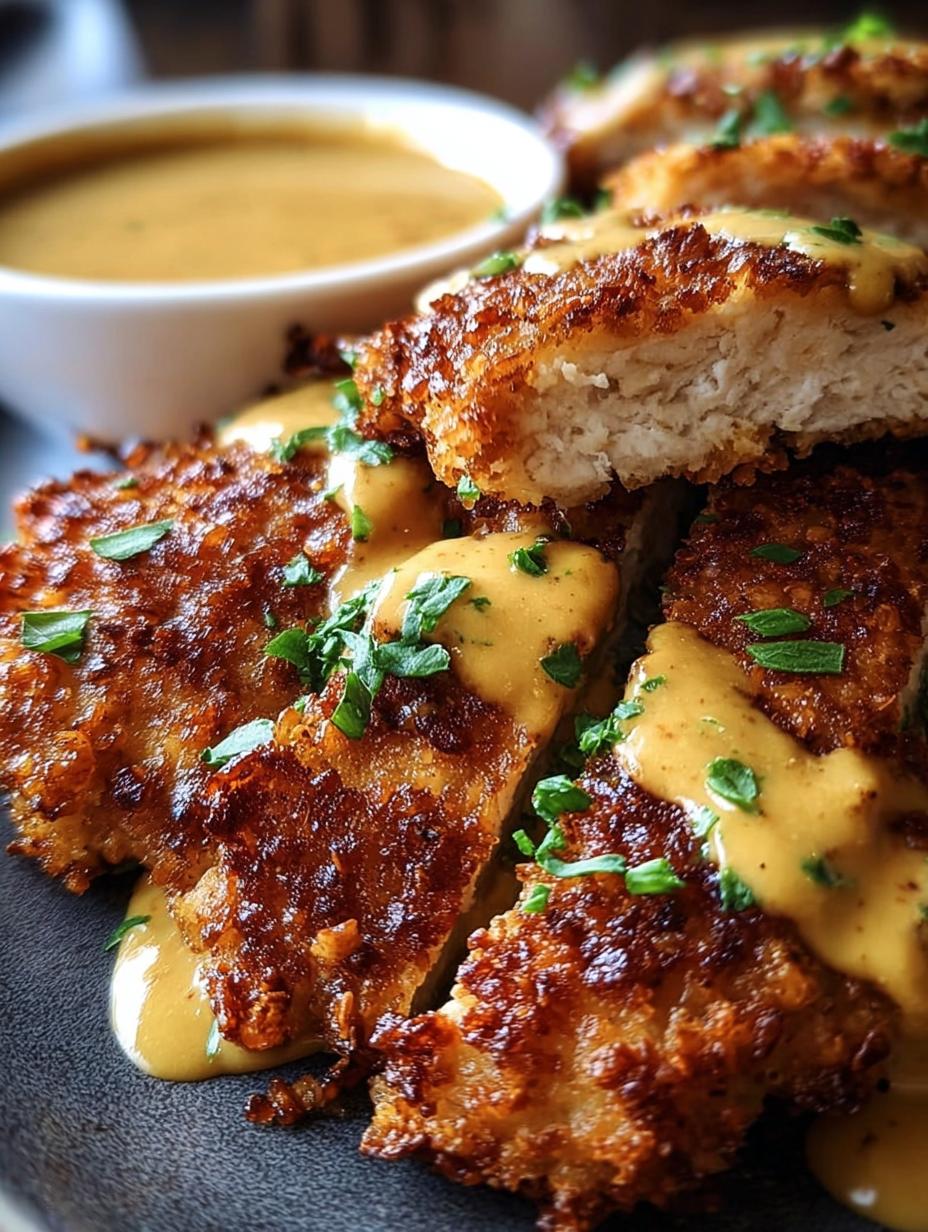 Pollo Crujiente con Pretzel servido con una cremosa salsa de mostaza y cheddar, listo para disfrutar