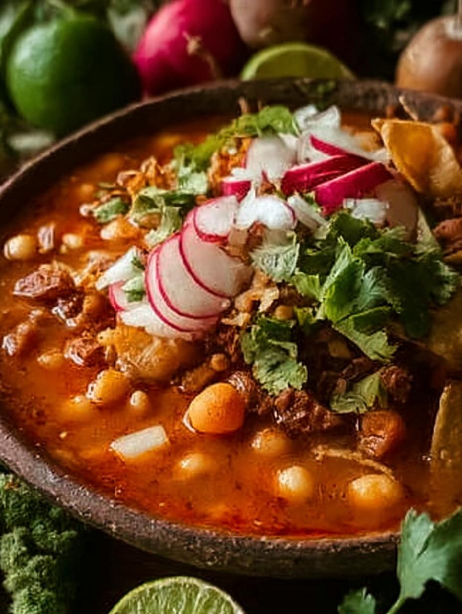 Pozole Rojo Vegano: ¡El increíble sabor de 4 chiles! 89 Delicioso Pozole Rojo Vegano con chiles y maíz cacahuacintle en un tazón rústico