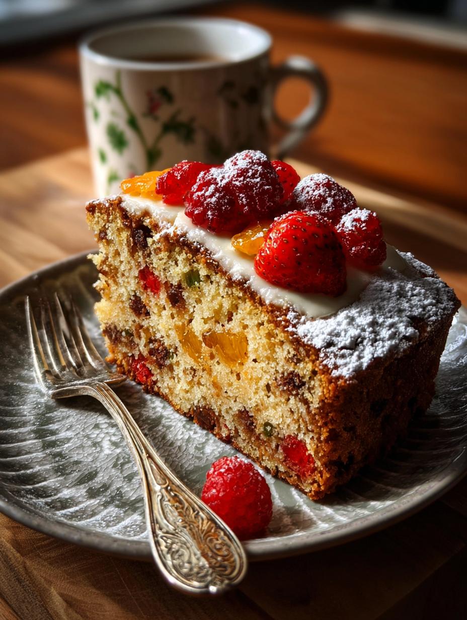 Irresistible Queque Navideño Con Taza, decorado con glaseado y frutas confitadas, listo para servir