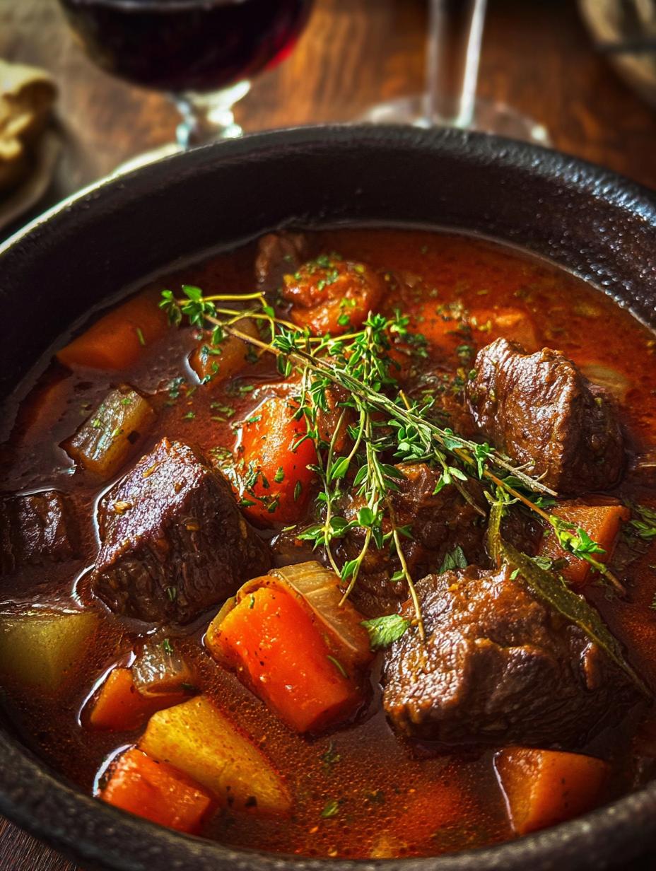 Sabor Otoño Estofado Res: 1 Secreto para 1 Plato Tierno 110 Sabor Otoño Estofado Res: 1 Secreto para 1 Plato Tierno - Sabor Otono Estofado Res - primer plano de un estofado de res burbujeante en una olla de hierro fundido