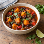 Estofado de calabaza y alubias negras según los ingredientes de la ficha.