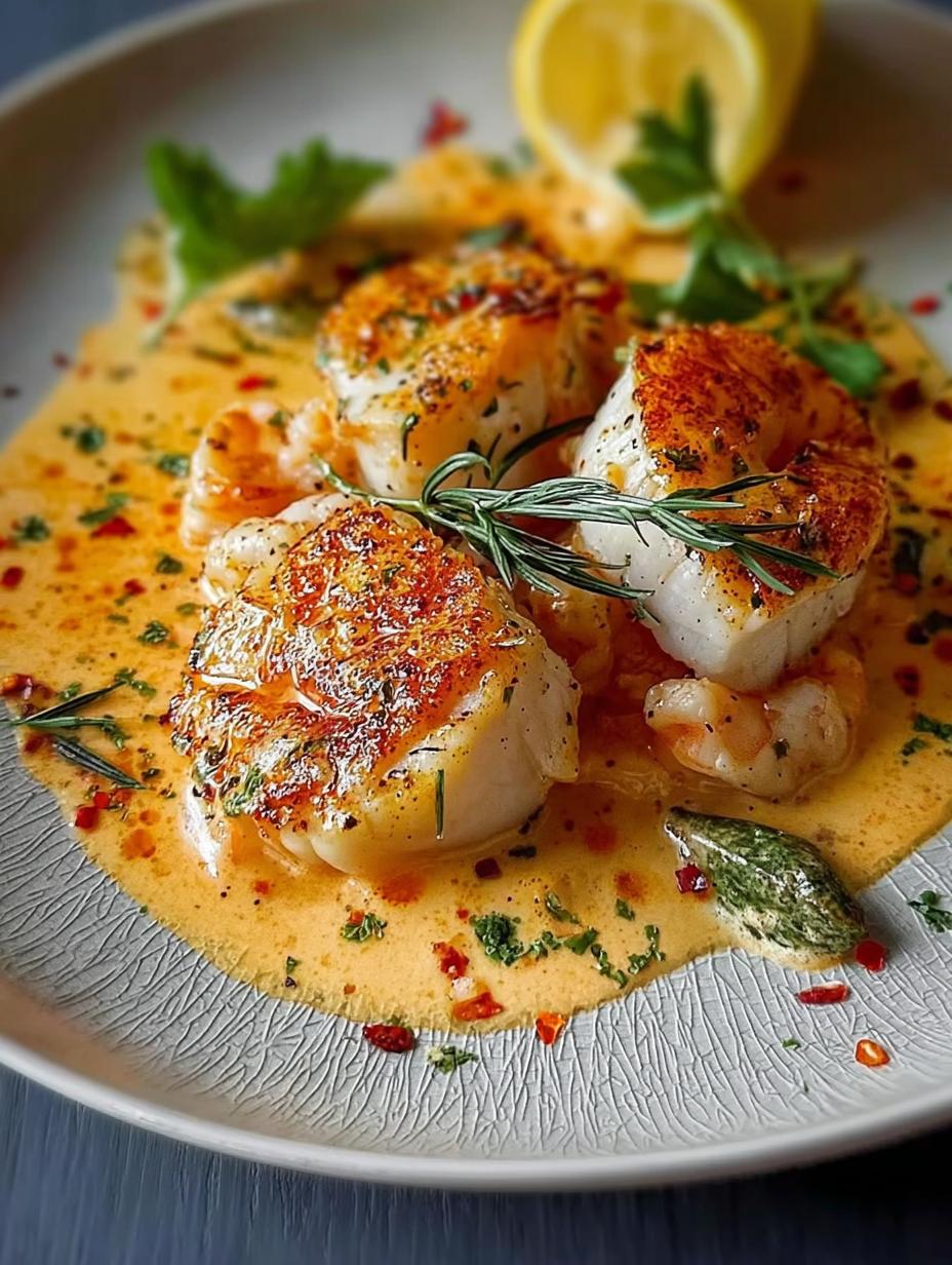 Exquisito Bacalao Salsa Cremosa Gambas con gambas frescas y perejil, listo para servir