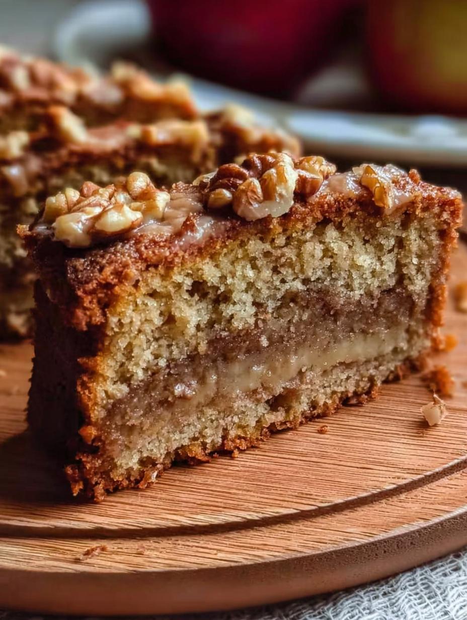 Rebanada de Bizcocho Manzana Nueces Canela con una textura húmeda y trozos visibles de manzana y nueces, espolvoreado con azúcar glas.