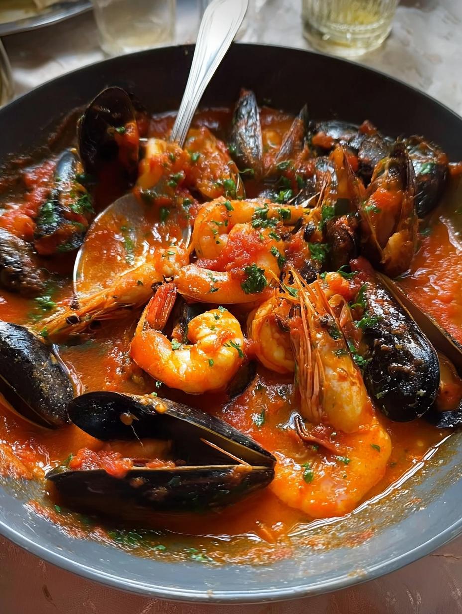 Deliciosa Cazuelita Mejillones Langostinos Marinera con pan crujiente
