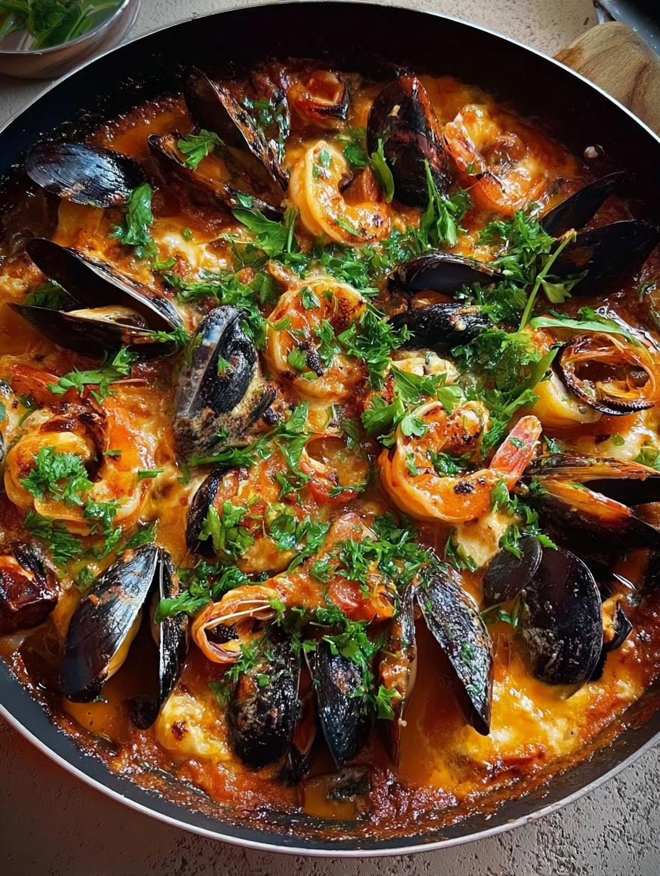 Cazuelita Mejillones Langostinos Marinera servida con perejil fresco
