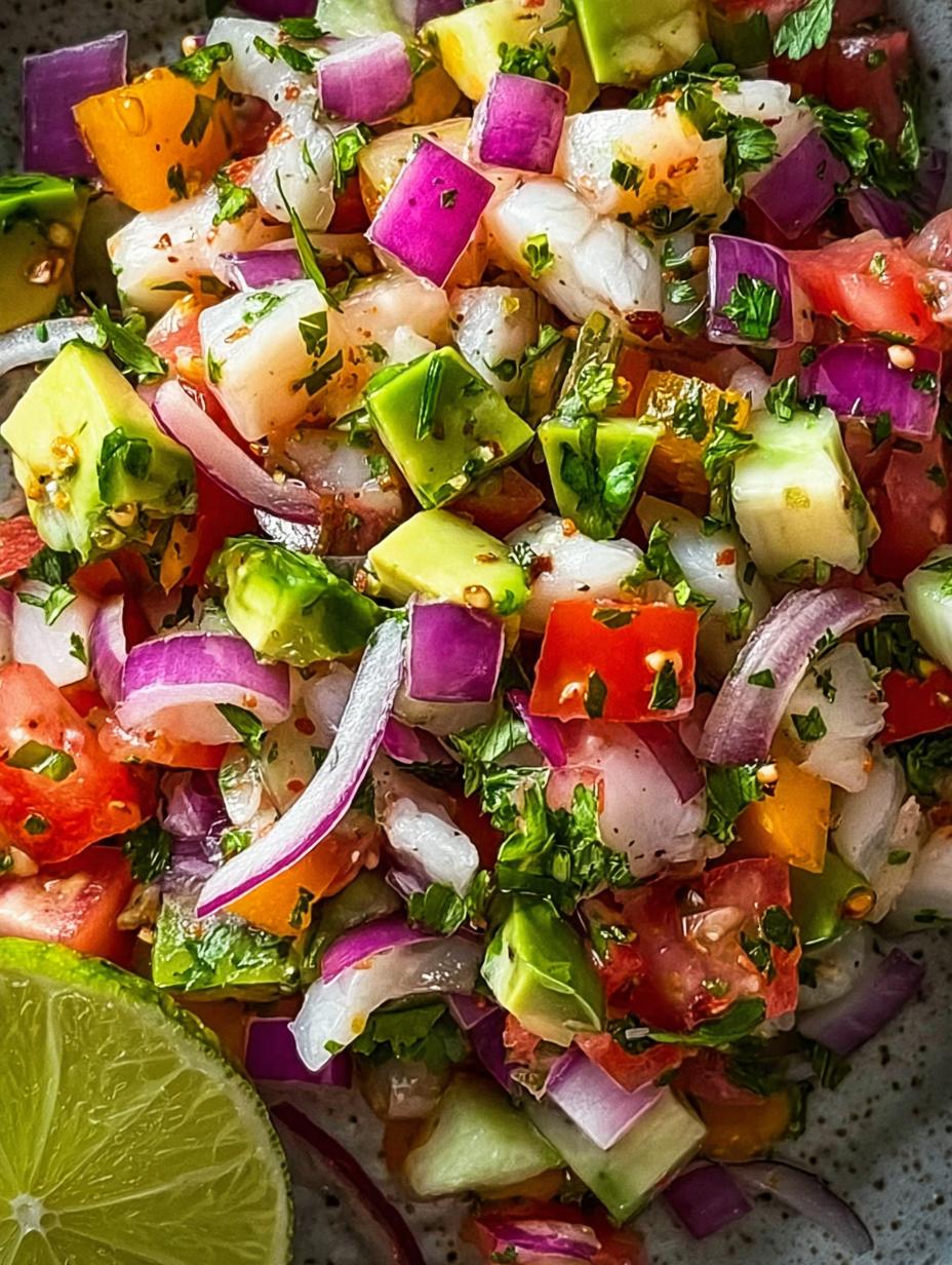 Ceviche Mexicano: 1 secreto para un sabor potente 69 Ceviche Mexicano fresco y vibrante con pescado blanco, tomate, cebolla morada y cilantro, listo para servir en un tazón de vidrio.