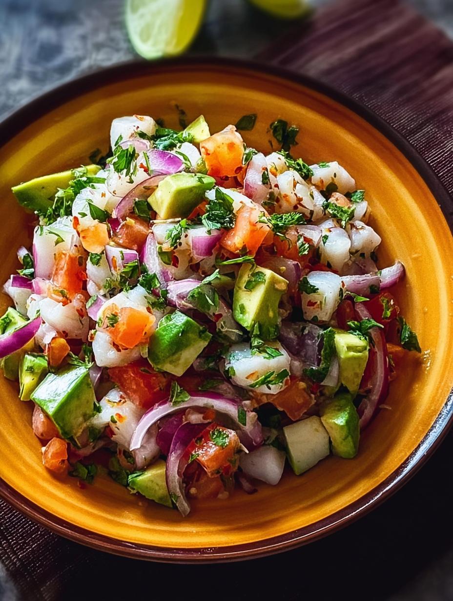 Ceviche Mexicano: 1 secreto para un sabor potente 70 Ceviche Mexicano vibrante servido en una tostada crujiente, adornado con aguacate y cilantro, listo para disfrutar.