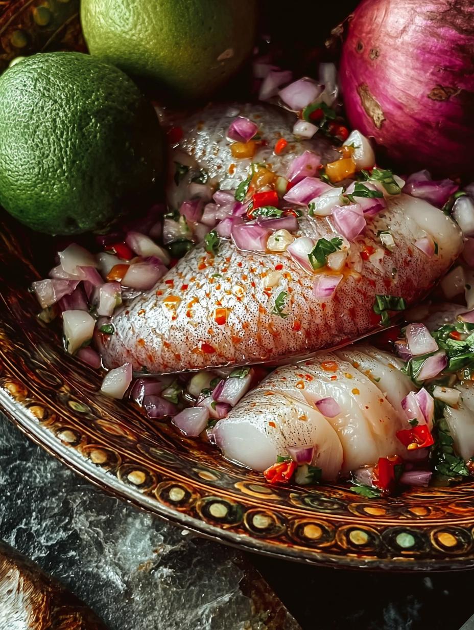 Ceviche Pescado fresco y vibrante con pescado blanco, cebolla morada, cilantro y aguacate, listo para servir