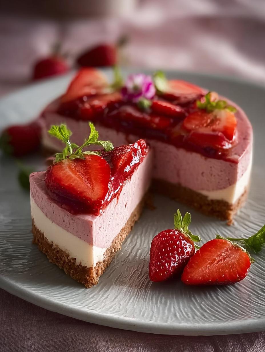Irresistible Cheesecake Vegano Fresa con fresas frescas en un plato blanco