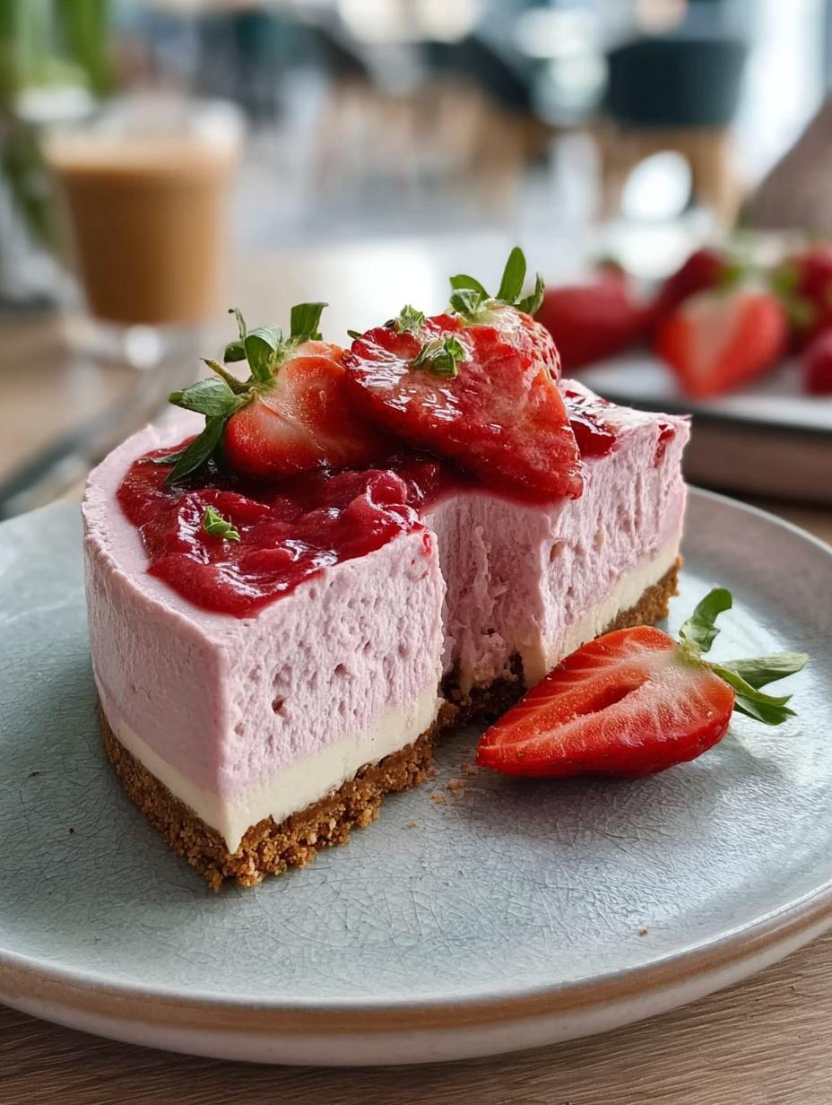 Delicioso Cheesecake Vegano Fresa con una capa de fresas frescas y hojas de menta