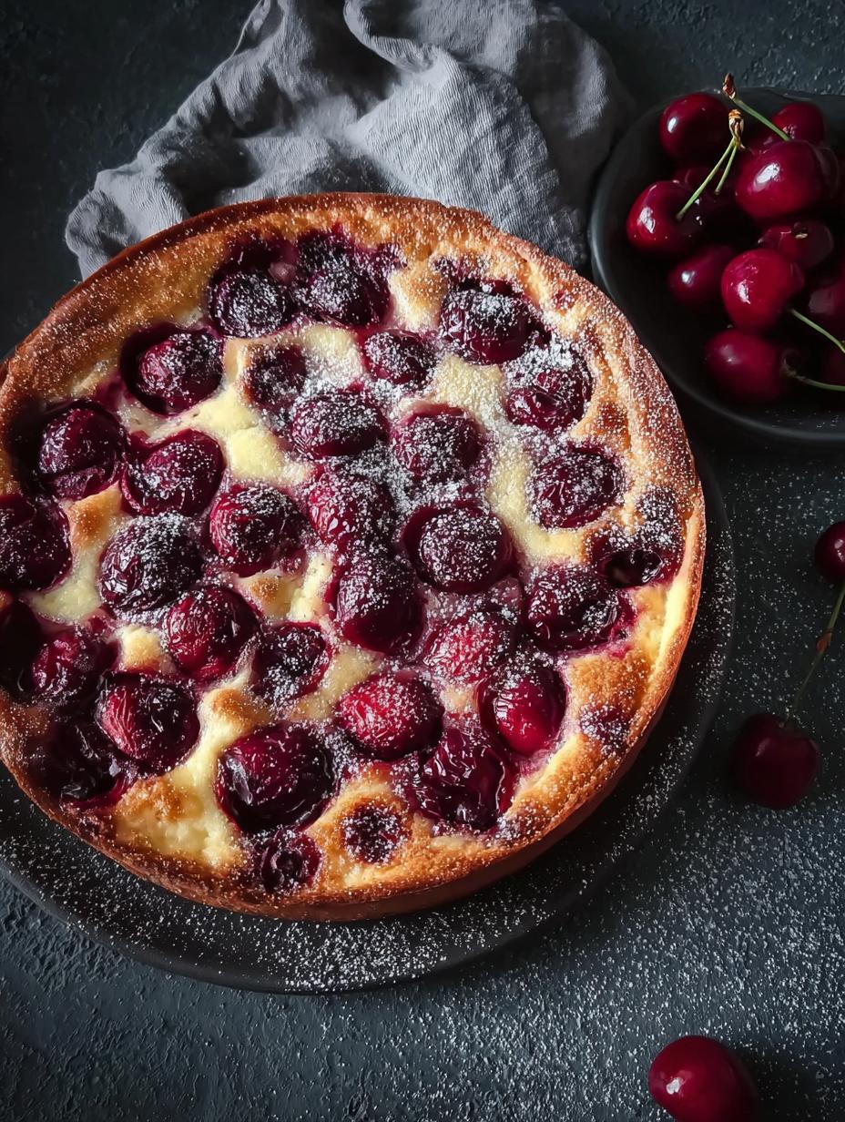 Clafoutis Cerezas recién horneado en un molde de cerámica, espolvoreado con azúcar glas y cerezas frescas, listo para servir.