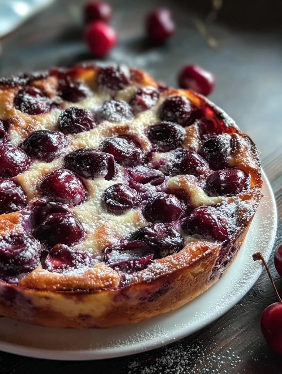 Clafoutis Cerezas servido en un plato blanco con una cucharada de helado de vainilla y hojas de menta, listo para degustar.