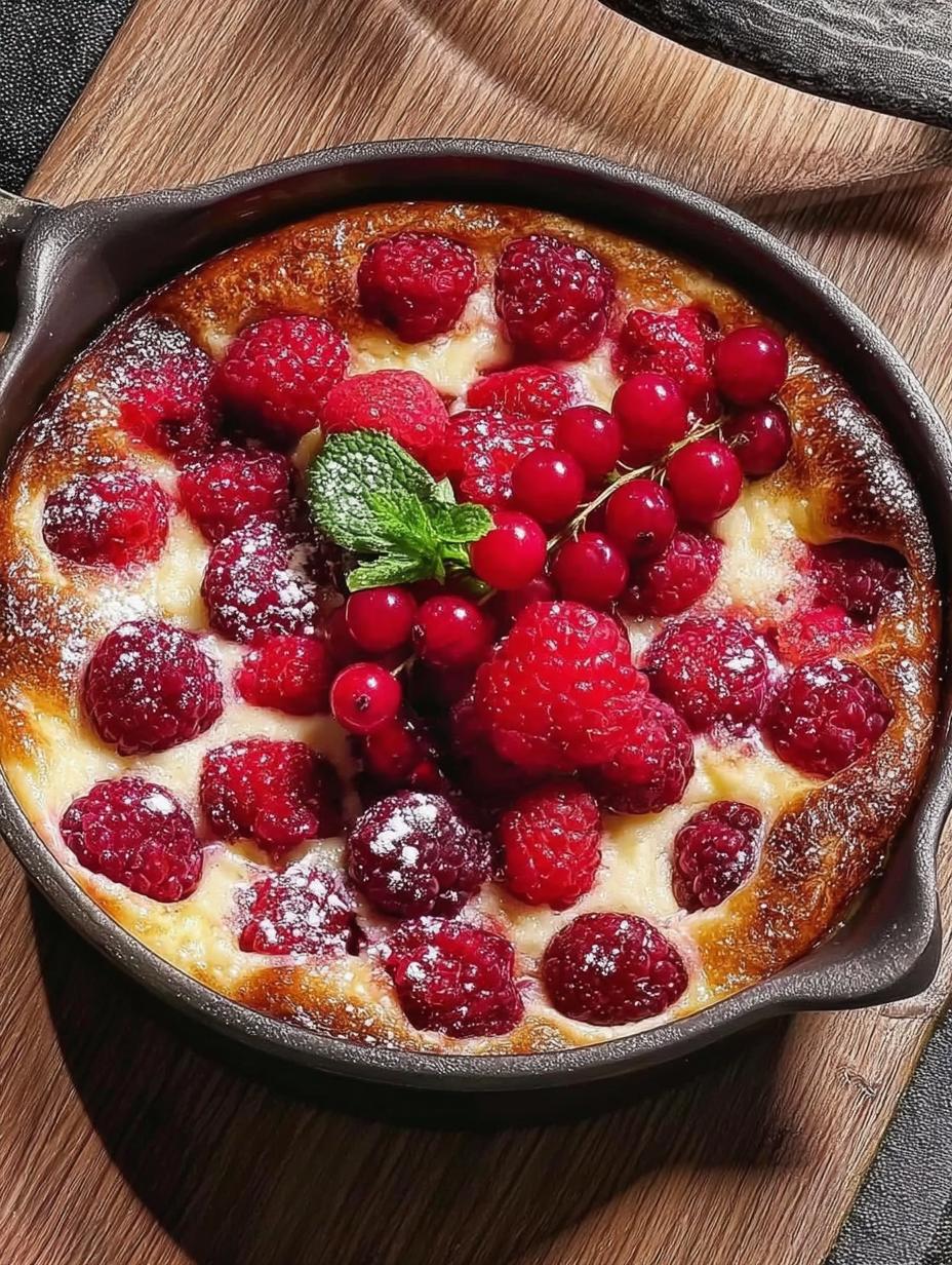 Clafoutis Frutas Rojas en un plato blanco con una cuchara, mostrando su textura suave y las bayas