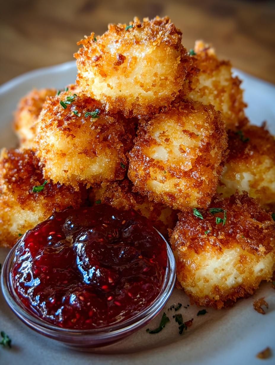 Deliciosos Bocados Queso Manchego fritos y crujientes, servidos con mermelada de frambuesa