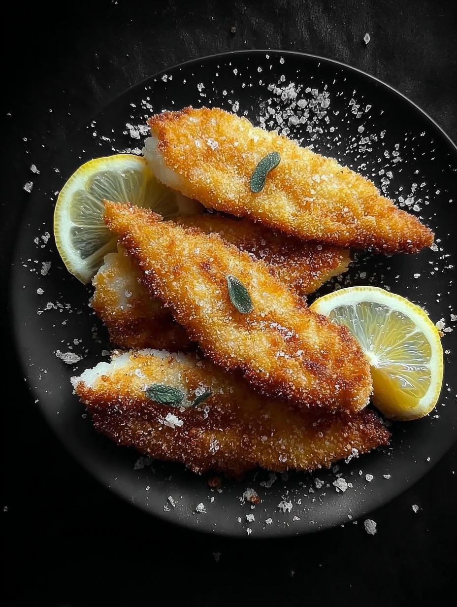 Pescado Empanado Salsa Limón: Un Delicioso Placer Rápido - Pescado Empanado Salsa Limon - filetes de pescado blanco empanados y dorados con rodajas de limón fresco y perejil picado