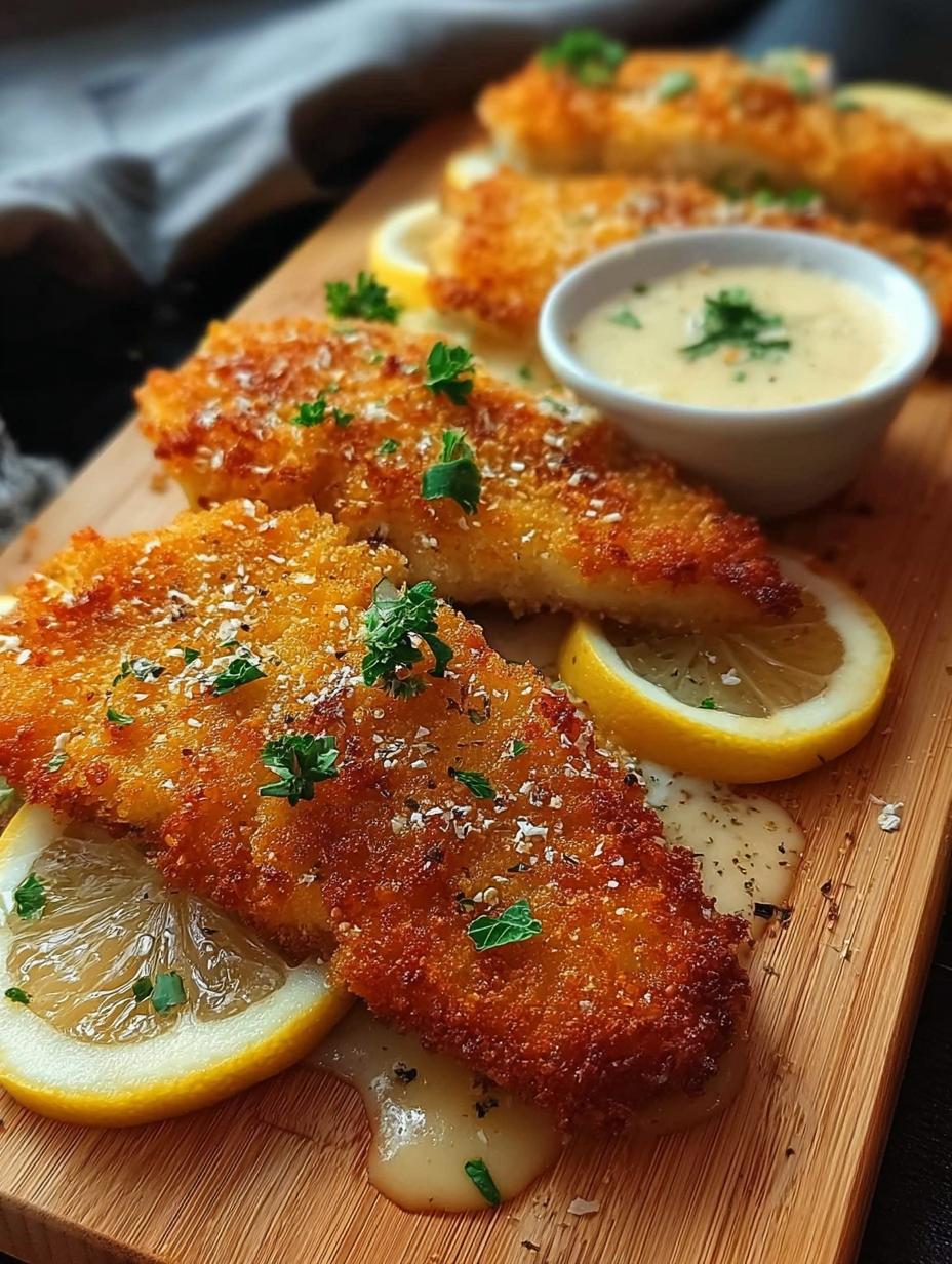 Pescado Empanado Salsa Limón: Un Delicioso Placer Rápido - Pescado Empanado Salsa Limon - primer plano de pescado empanado crujiente con salsa de limón, adornado con perejil