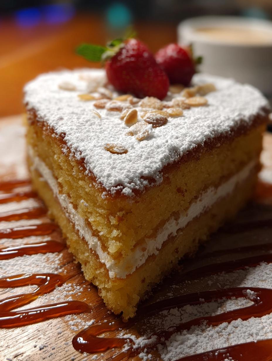 Rebanada de Deleitate Tarta Santiago con una textura húmeda y el distintivo sabor a almendra y limón
