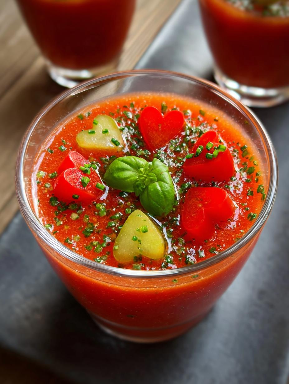 Refrescantes Vasitos Gazpacho Corazones Aceite con tomates maduros y albahaca fresca