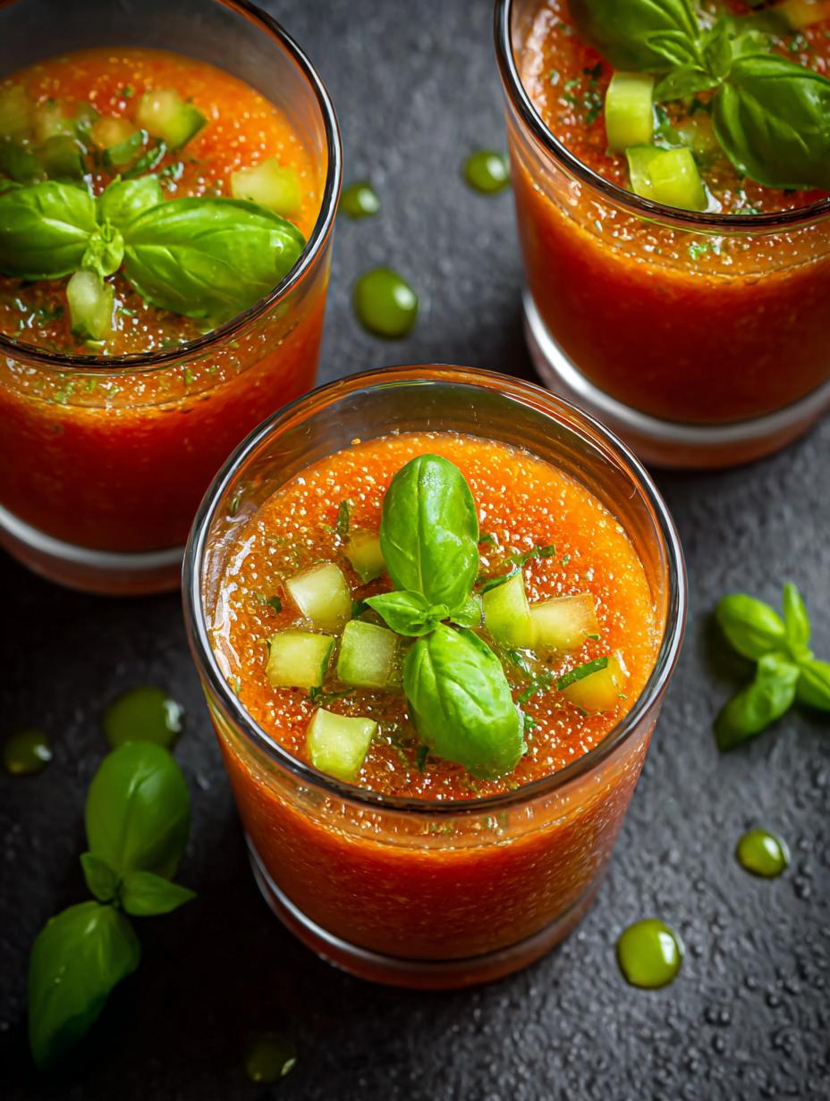 Elegantes Vasitos Gazpacho Corazones Aceite listos para servir en una mesa de verano