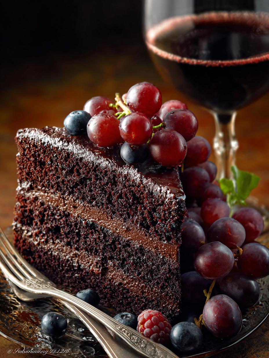 Delicioso Beso Castellano Pastel - main visual representation de un pastel de chocolate y vino tinto cortado