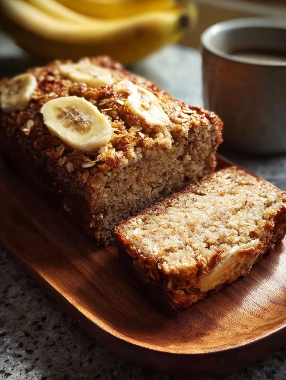 Delicioso Panqué Avena Platano recién horneado, con un glaseado ligero y rodajas de plátano fresco, listo para disfrutar.